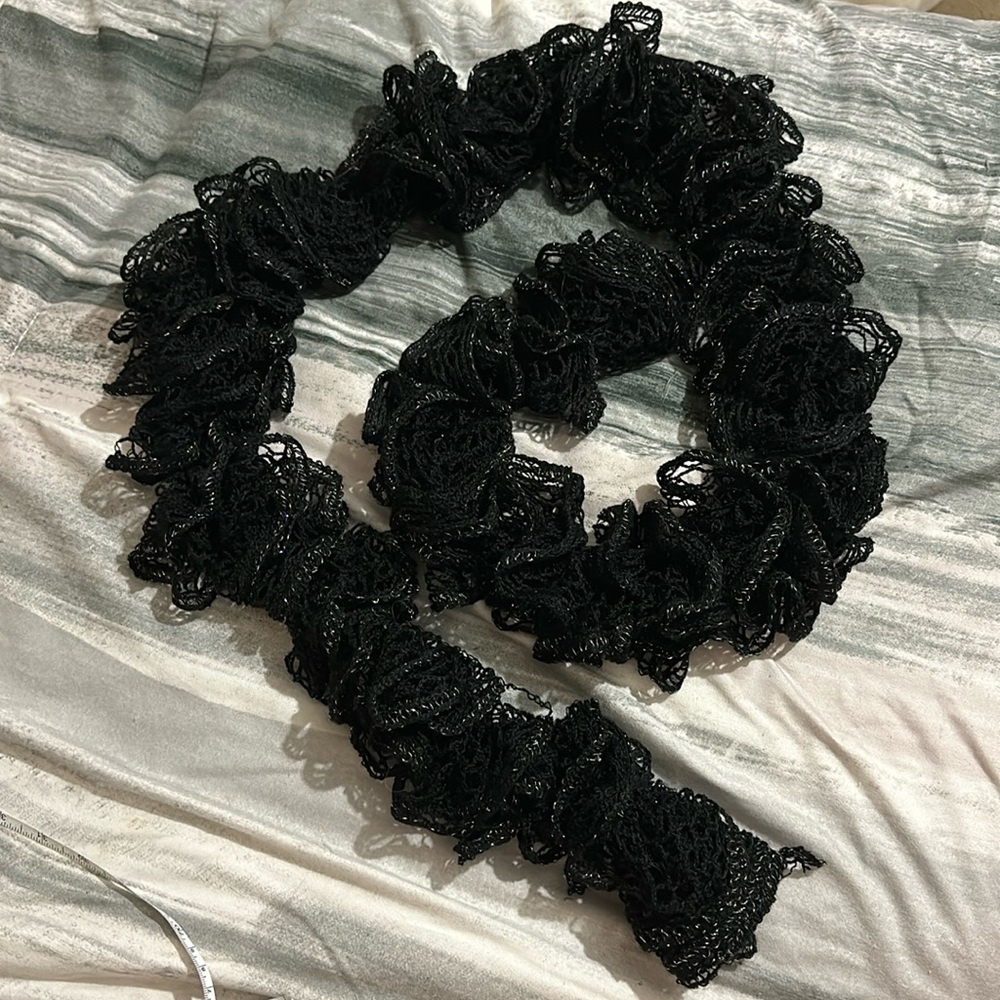 Knit lace ruffle scarf black with silver thread handmade 💜💜